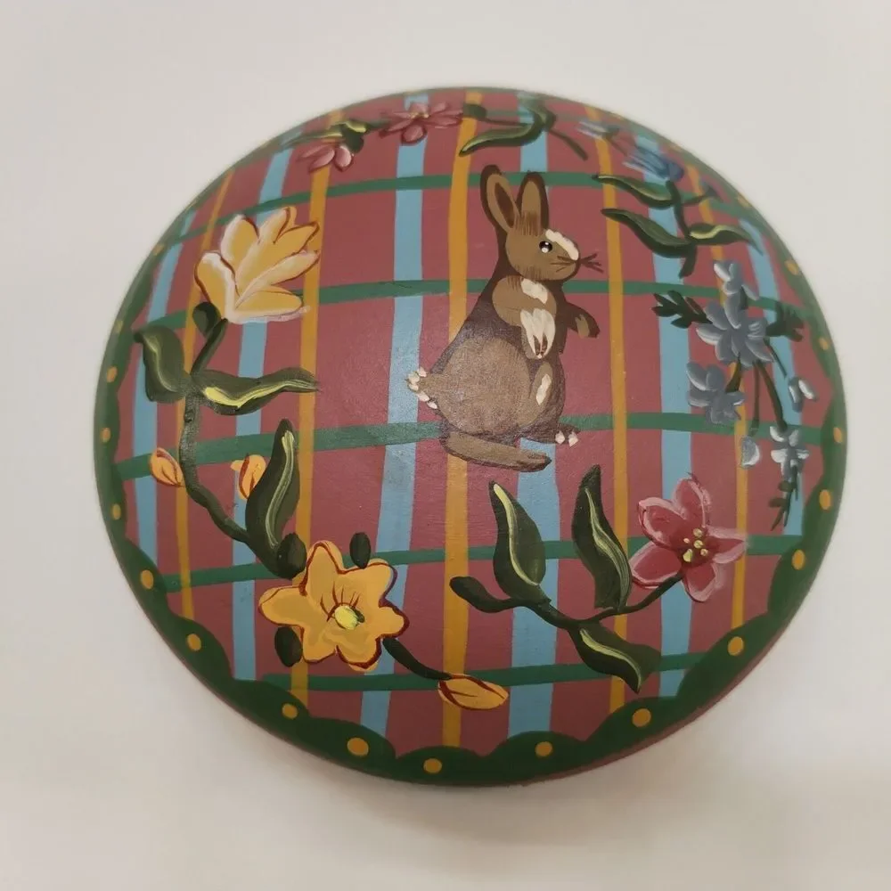 Hand Painted Wood Trinket Jewelry Box Bunny Flowers Stripes‎ Pastel 1997 Vintage